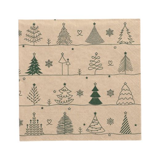 Servietten, 3-lagig 1/4-Falz 33 cm x 33 cm natur "Various X-Mas Trees" aus recyceltem Papier 1