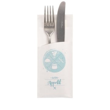 Bestecktaschen 20 cm x 8,5 cm weiss "Guten Appetit" inkl. weißer Serviette 33 x 33 cm 2-lag.