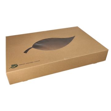 Transport- und Catering-Kartons, Pappe "pure" 8 cm x 55,7 cm x 37,6 cm braun "100% Fair" mit Sichtfenster aus PLA