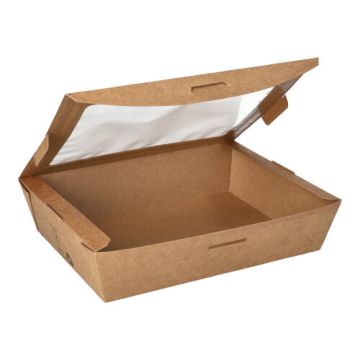 Feinkostboxen, Pappe mit Sichtfenster aus PLA "pure" eckig 1000 ml 4,5 cm x 18 cm x 13,5 cm braun "100% Fair"