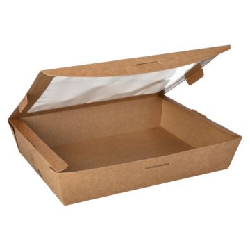 Feinkostboxen, Pappe mit Sichtfenster aus PLA "pure" eckig 1500 ml 4,5 cm x 21 cm x 16 cm braun "100% Fair"