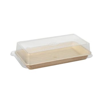 Sushi-Schalen Palmblatt eckig 100 ml 4,3 cm x 18,4 cm x 10,4 cm natur mit rPET Deckel "Kombipack"