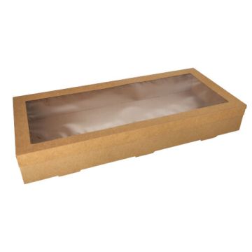 Transport- und Catering-Kartons, Pappe eckig 8 cm x 25,2 cm x 55,8 cm braun mit separatem Deckel und Sichtfenster aus PET